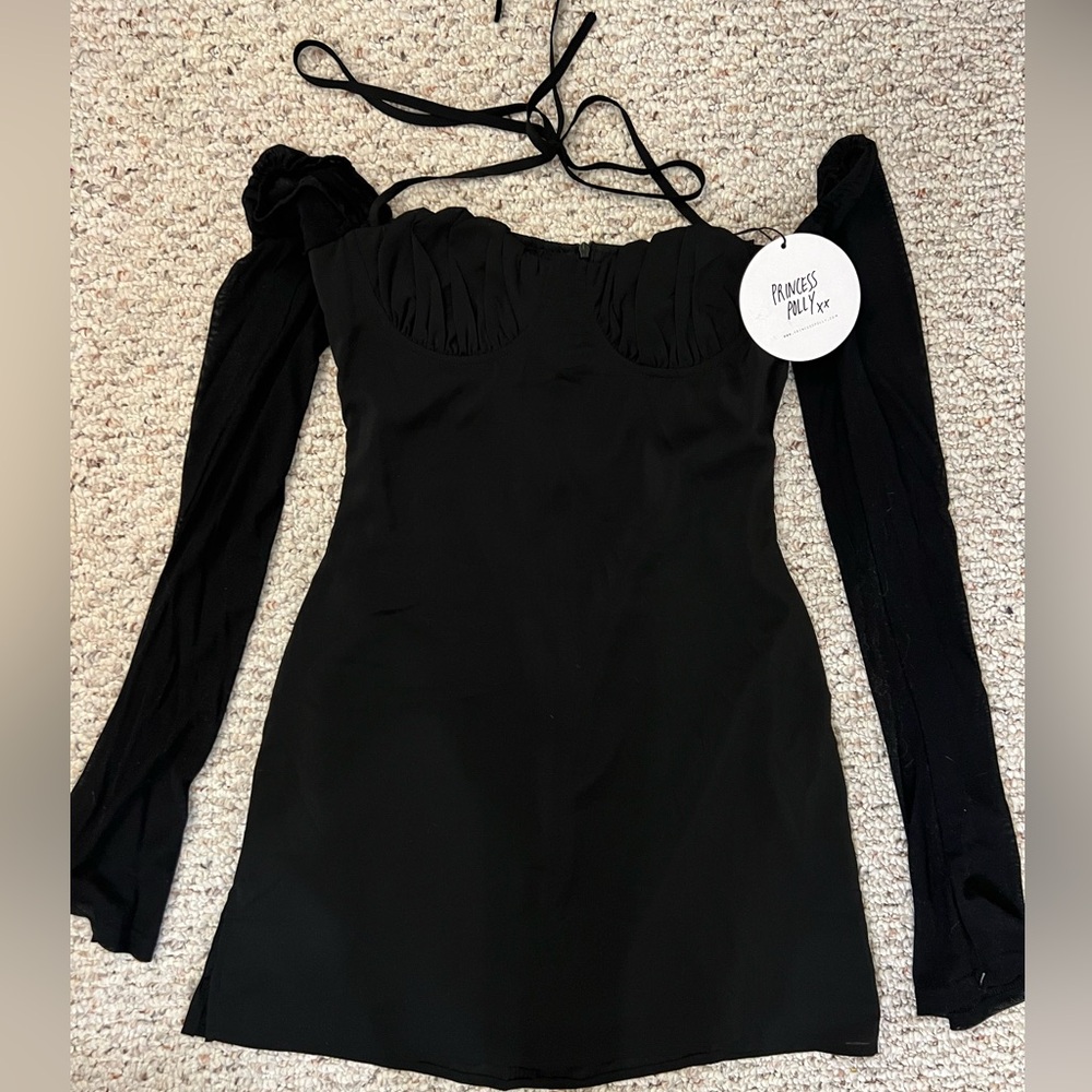 PRINCESS POLLY SHEER LONG SLEEVE MINI DRESS - BLACK